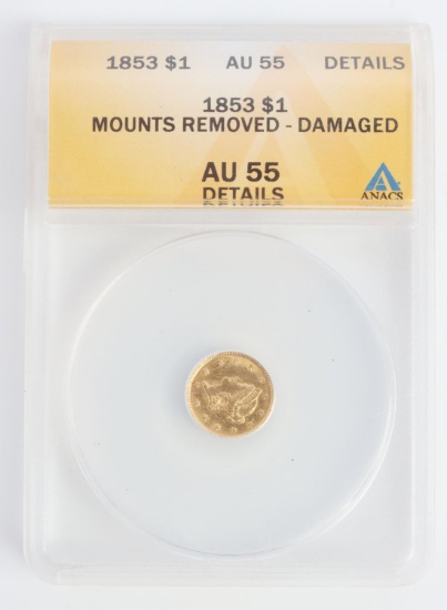 1853 $1 GOLD DOLLAR COIN ANACS GRADED AU55