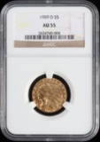 1909 D $5 INDIAN HEAD GOLD COIN NCG AU 55