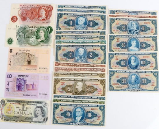25 UNCIRCULATED BANKNOTE LOT ENGLAND BRASIL ISRAEL