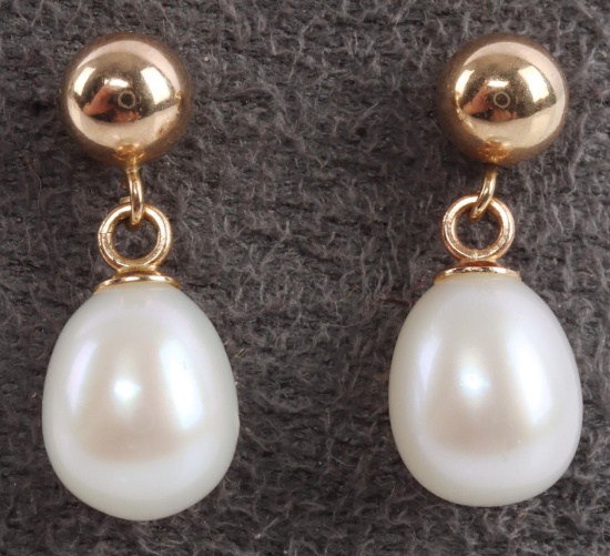 14K YELLOW GOLD DROP PEARL EARRINGS VINTAGE