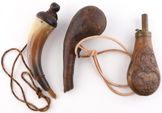 3 VINTAGE BLACK POWDER COPPER & HORN FLASK LOT