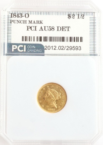 1843-O $2.50 LIBERTY QUARTER EAGLE GOLD COIN AU58