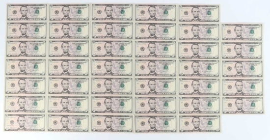 $200 FACE SEQUENTIAL $5.00 BILL BANKNOT LOT