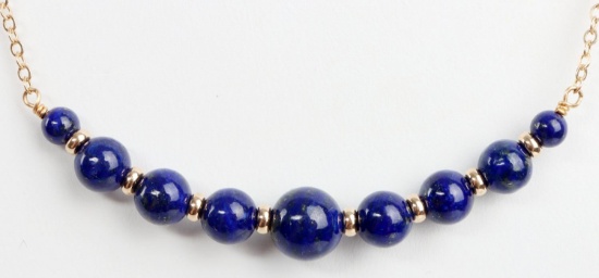 14K LAPIS GRADUATED ROUND BEAD CENTER NECKLACE 17"