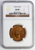 1910 S $10 GOLD INDIAN COIN NGC AU 58