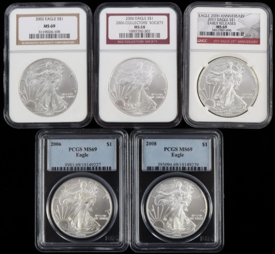 5 NGC PCGS GRADED SILVER AMERICAN EAGLE COIN LOT