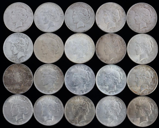 20 MIX DATE UNC PEACE SILVER DOLLAR COIN LOT