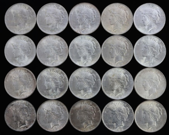 20 MIX DATE PEACE SILVER DOLLAR COIN LOT UNC.