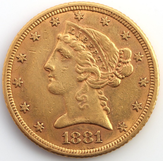 1881 $5 LIBERTY HEAD HALF EAGLE GOLD COIN EF-AU