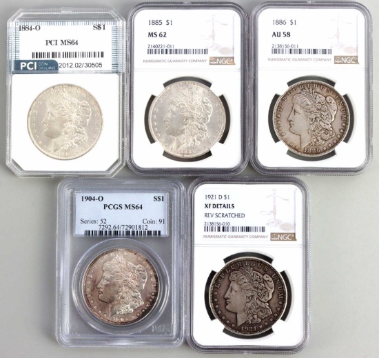 5 MORGAN DOLLAR GRADED SILVER $1 COINS