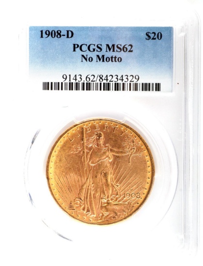 1908 D NO MOTTO ST GAUDENS 1 OZ GOLD COIN MS62