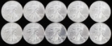 LOT OF 10 AMERICAN EAGLE 1 OZ SILVER DOLLAR COINS