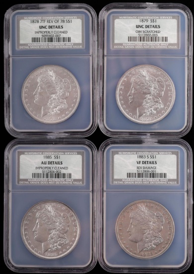 4 MORGAN SILVER DOLLAR COINS NCS VF & UNC DETAILS