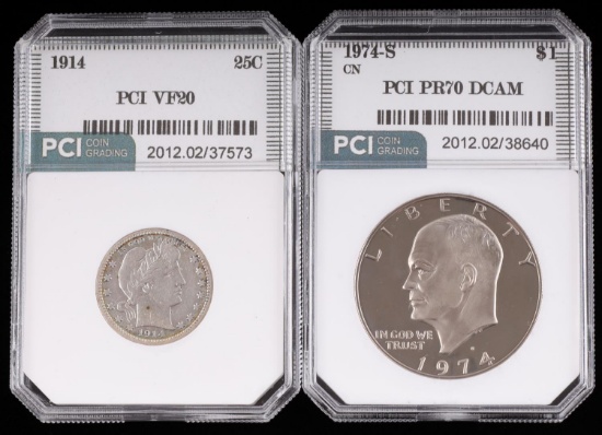 PCI PR70 DCAM EISENHOWER DOLLAR & 1914 BARBER 25C