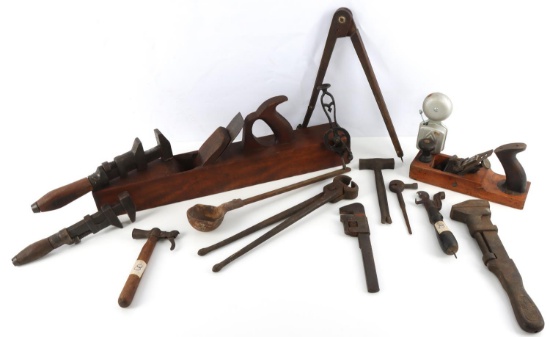 ANTIQUE TOOL LOT PLANER WRENCH HAMMER MORE