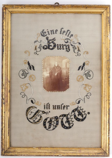 MARTIN LUTHER FRAMED PICTURE AND NEEDLEPOINT HYMN