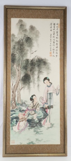 CHINESE WATERCOLOR PAINTING WITH TEXTILE BORDER