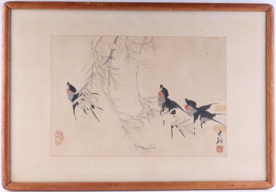 CHINESE WATERCOLOR WITH TEXTILE SILK BORDER