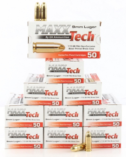 500 ROUNDS OF MAXX TECH 9MM LUGER 115 GR FMJ AMMO