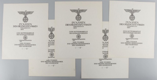 5 WWII KNIGHTS CROSS RECIPIENT AWARD CERTIFICATES