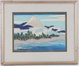 MOUNT FUJI JAPANESE WOOD BLOCK WATERCOLOR PAINTING