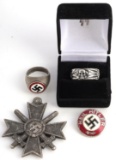 WWII GERMAN GROUPING SS RING NSDAP PIN AND MERIT