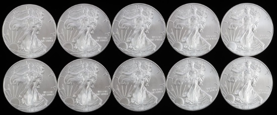 LOT OF 10 AMERICAN EAGLE SILVER 1 OZ COINS