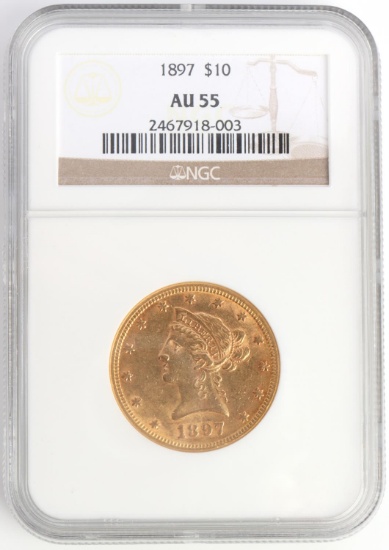 1897 LIBERTY HEAD $10 GOLD COIN NGC AU 55
