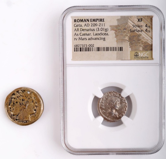 ROMAN REPUBLIC QUADRIGATUS & GETA NGC DENARIUS