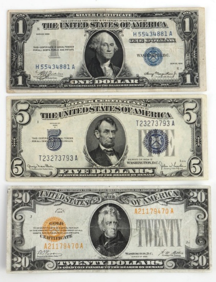 CURRENCY 3 BANKNOTE LOT GOLD SILVER CERTIFICATE