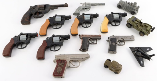 6 TOY GUNS & 3 WORKING  PISTOL LIGHTERS DINKY JEEP