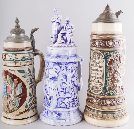3 VINTAGE GERMAN BEER STEIN WITH PEWTER LID LOT