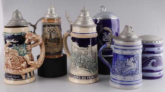 6 VINTAGE GERMAN BEER STEIN WITH PEWTER LID LOT