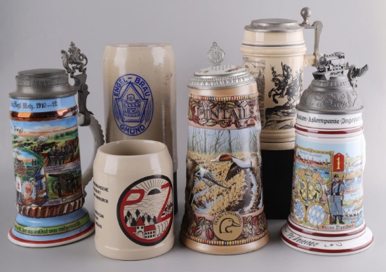 LOT OF 6 GERMAN BEER STEINS WWI DUCK HUNTING SCENE