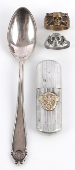 4 WWII GERMAN RIECH SS SILVER RING & FIELD LIGHTER