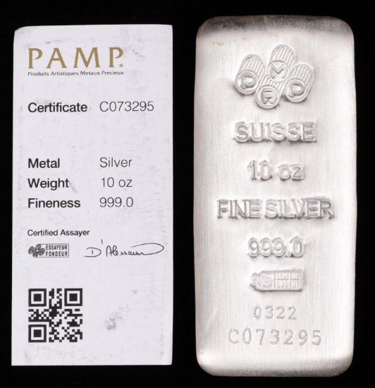 10 OZ .999 FINE SILVER SUISSE BAR WITH CERTIFICATE
