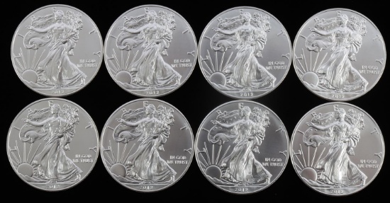 LOT OF 8 1 OZ AMERICAN SILVER EAGLE $1 COINS