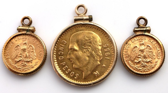 1945 DOS PESOS EARRINGS W 1955 CINCO PESOS PENDANT