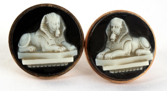 ANTIQUE 14KT GOLD SPHINX INCOLAY CAMEO CUFFLINKS