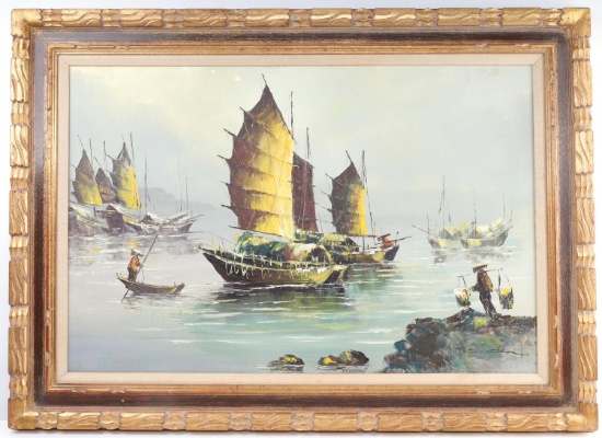 VINTAGE CHINESE JUNK OIL PAINTING BY CHAN