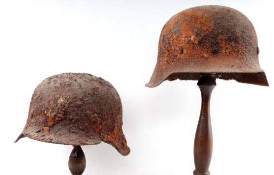 2 NORMANDY BEACH FOUND GERMAN M42 HELMET LOT
