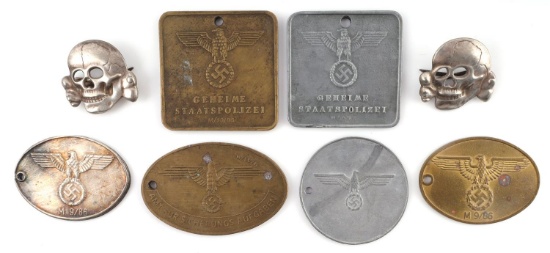 6 GESTAPO ID DISC LOT & 2 TOTENKOPF INSIGNIA