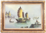 VINTAGE CHINESE JUNK OIL PAINTING BY CHAN