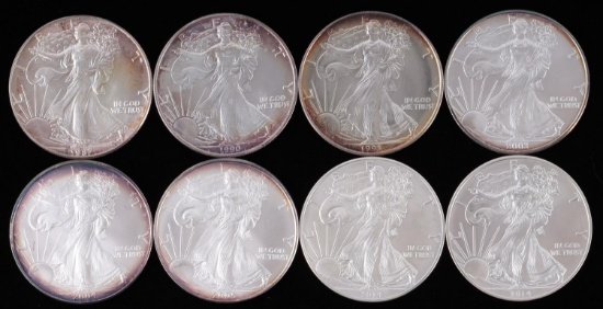 LOT OF 8 1 OZ AMERICAN SILVER EAGLE $1 COINS