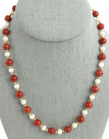 14KT GOLD PEARL & NATURAL CARNELIAN BEAD NECKLACE