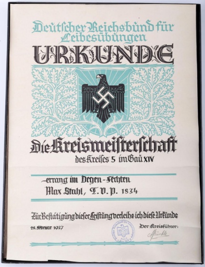 WWII GERMAN LARGE FENCING AWARD COLOR DOCUMENT