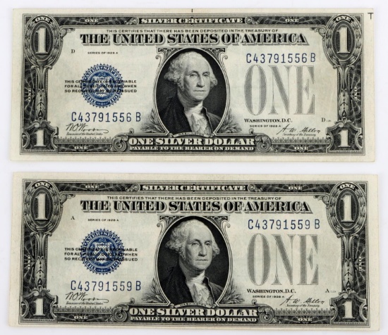 2 1928 SEQUENTIAL FUNNY BACK SILVER CERTIFICATES