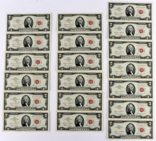 19 SEQUENTIAL RED SEAL1 963 $2. UNC BANK NOTE LOT