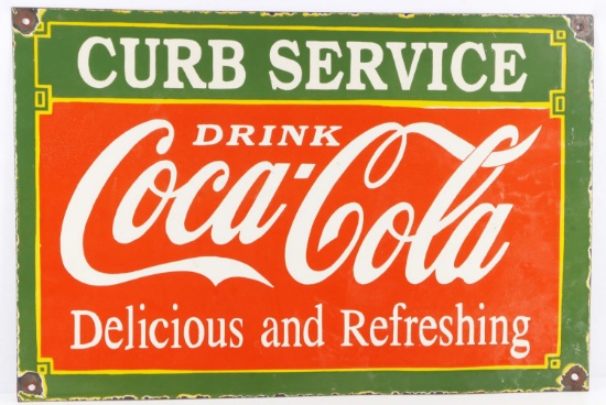 VINTAGE DRINK COCA COLA CURB SERVICE ENAMELED SIGN