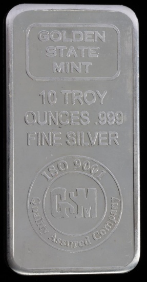GOLDEN STATE MINT 10 OZT OUNCE 999 FINE SILVER BAR